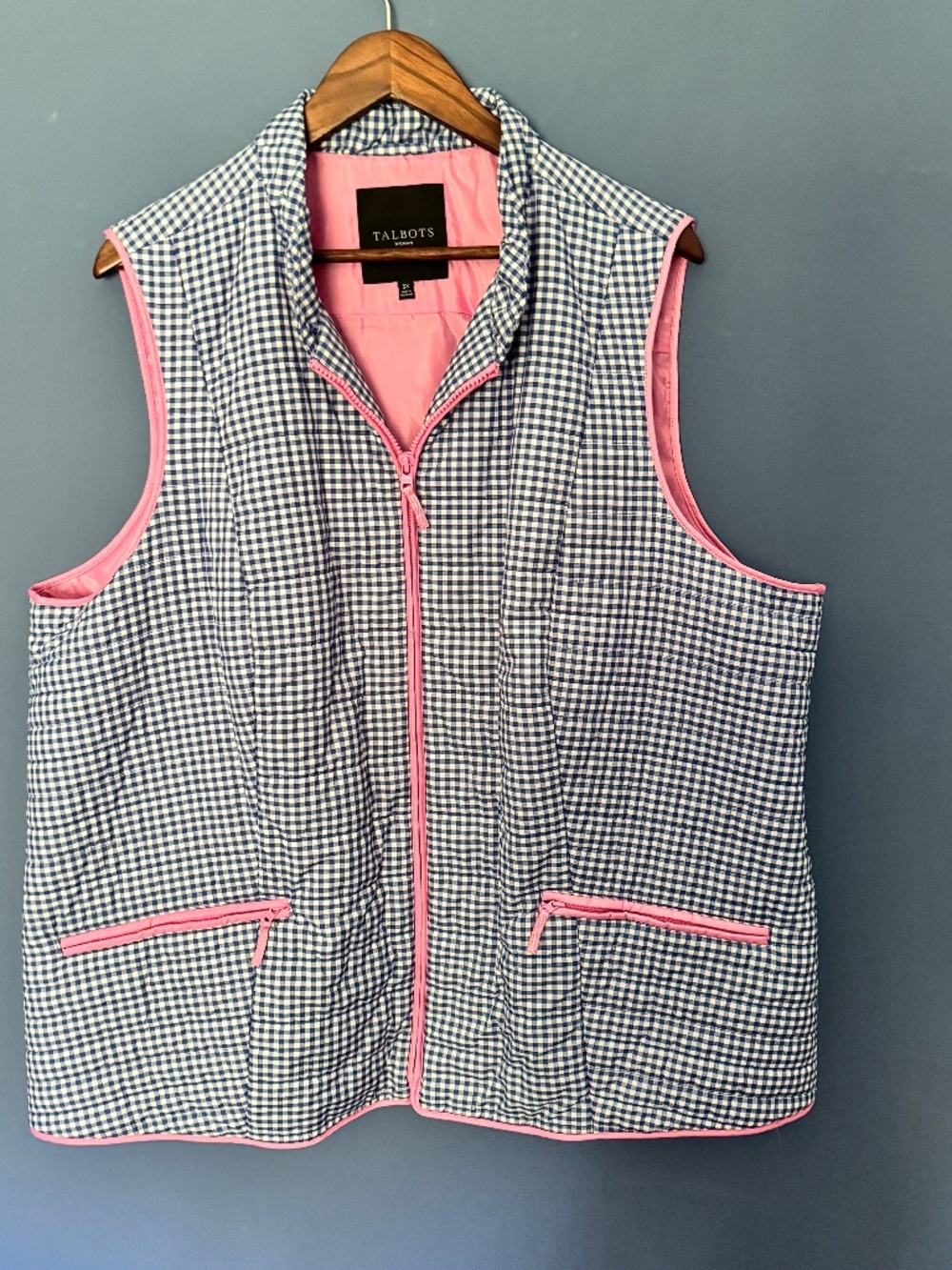 Talbots Women’s Blue And White Gingham Checks Full Zip Vest Pink Trim 3X EUC